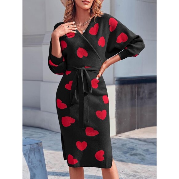 Women's Sweater Dress Wrap Batwing V Neck Slit Bodycon Dress Valentine Black - Picture 3 of 5